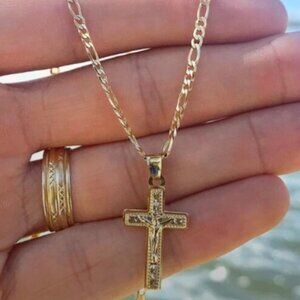 14K Gold Filled Necklace Crucifix Figaro Cadena de Oro Laminado 14K